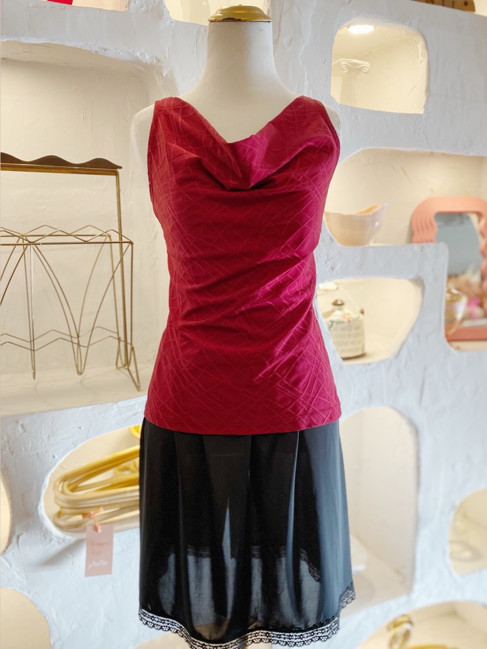 Y2K Vintage Red Stretchy Cowl Neck Tank Top with Embossed Line Texture